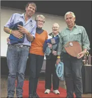  ??  ?? Andrew Schloeffel, Nicole Johnston and Roger Mackay received the 4x25 medley award from Reg Ferguson