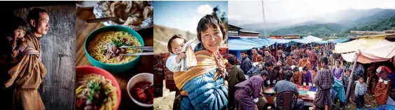  ??  ?? Below, from left: family life in Bhutan; fresh noodles in Trongsa; a stallholde­r sells textiles at Pele La; inspecting goods at a pop-up market