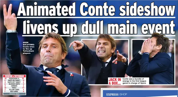  ?? ?? HIGH SALUTING: Conte tries to fire up Tottenham players
Conte was a bundle of energy in his first league game in charge of Spurs