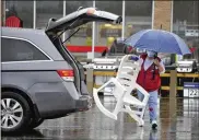  ?? MARSHALL GORBY / STAFF ?? Susan Wheaton, a six-year employee of the Lowe’s in Huber Heights, attempts to stay dry while delivering a rocking chair to a customer’s vehicle Tuesday morning.