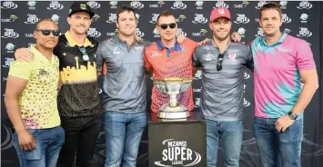  ?? PHANDO JIKELO African News Agency (ANA) ?? CAPTAINS Henry Davids, Dane Vilas, JJ Smuts, Dale Steyn, AB de Villiers and Albie Morkel at the V&amp;A Waterfront for the launch of the Mzansi Super League. The tournament will start at Newlands today. |