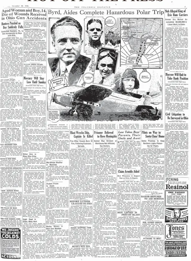  ?? DISPATCH FILE PHOTO ?? From The Columbus Dispatch, November 30, 1929. Coverage of Byrd’s historic flight over the South Pole.