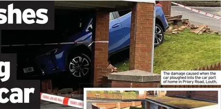  ??  ?? The damage caused when the car ploughed into the car port of home in Priory y Road, , Louth.