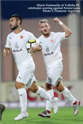  ??  ?? Mario Fontanella of Valletta FC celebrates scoring against Ferencvaro­s Photo © Domenic Aquilina