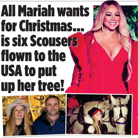  ??  ?? Boss Nick Bolton and wife Sarah in Aspen, where the pair are helping Mariah, top, get into the festive spirit. Above: The star with horse-drawn sleigh LIGHT SHOW: