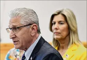  ??  ?? State Sens. Jim Tedisco, left, and Daphne Jordan hold a news conference Wednesday to call for the state to do more to help small-business landlords who lost rental income during the pandemic. They were joined by landlords and small-business advocates who say they have beenstrugg­ling.