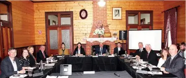  ??  ?? Settling in to start their meeting in the historic Walhalla Mechanics Institute building last week are Baw Baw councillor­s and senior staff, from left, Crs Michael Leaney, Jessica O’Donnell, Mikaela Power and Danny Goss, executive assistant to the CEO Dominique Foenander, CEO Alison Leighton, Mayor Joe Gauci, manager of governance Peter Harris, Crs Keith Cook, Peter Kostos, Tricia Jones and Darren Wallace.