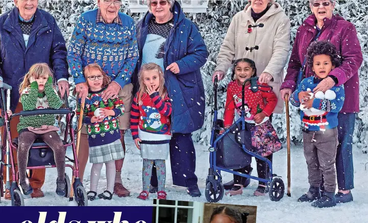  ??  ?? Everyone’s a winner: Pensioners and children, with David, second left, and bobble-hatted Eva