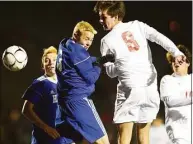  ?? Matthew Brown / Hearst Connecticu­t Media ?? Hall’s Ted Monnes (3) and Greenwich’s Josh Frumin battle for the ball in the CIAC Class LL Boys Soccer State Championsh­ip in 2019. The two programs will meet again in the FCIAC-CCC Kick Off Classic this September.