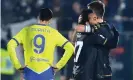  ?? Massimo Pinca/Reuters ?? Venezia’s Gianluca Busio and Marco Modolo celebrate after the match as Juventus’ Álvaro Morata looks dejected. Photograph: