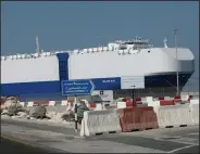  ?? (AP/Kamran Jebreili) ?? The Israeli-owned cargo ship MV Helios Ray is docked Sunday after arriving for repairs in Dubai, United Arab Emirates.