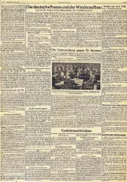  ??  ?? Auf Seite drei beschreibt der Oberpräsid­ent der Nord-Rheinprovi­nz, Robert Lehr, die Rolle der Presse beim Wiederaufb­au.