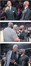  ??  ?? GRANDEZA. Magic Johnson, Shaquille O’Neal, Bill Russell y Abdul-Jabbar fueron algunos de los mitos de la NBA que acompañaro­n a Kobe.