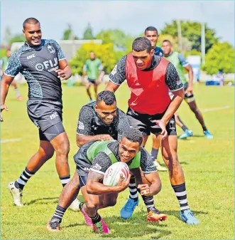  ?? Picture: RAMA ?? Fiji 7s team members Terio Tamani, Jerry Tuwai and Meli Derena lagi at the HSBC Hamilton 7s this year. The team will defend its Olympics 7s title in Tokyo in 2021.