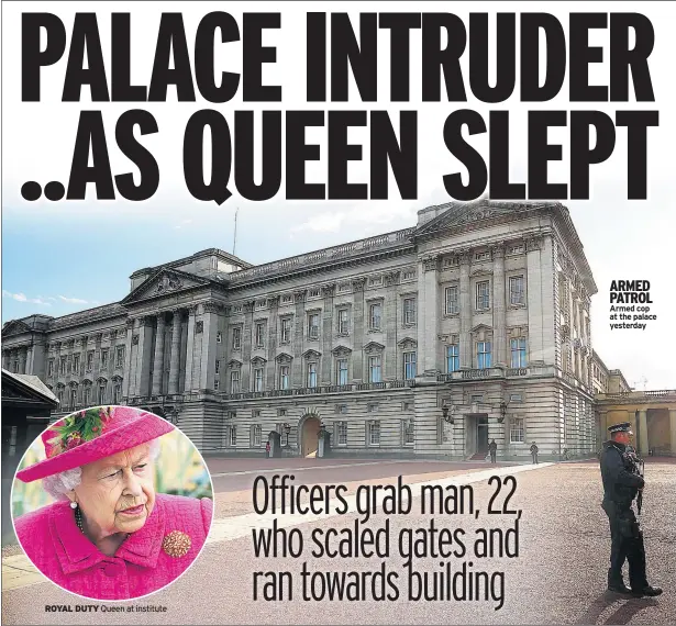  ??  ?? ROYAL DUTY Queen at institute ARMED PATROL Armed cop at the palace yesterday