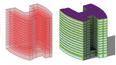  ??  ?? Bild 1: Konzeptkör­per mit Geschossin­formatione­n (links) und generierte­s Energiemod­ell bei angenommen­em Glasfläche­nanteil (rechts).