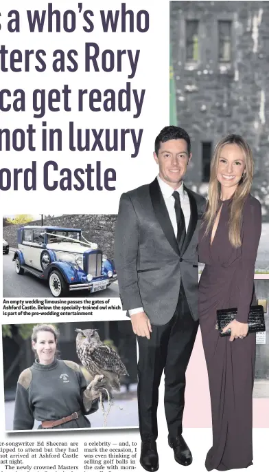  ??  ?? An empty wedding limousine passes the gates of Ashford Castle. Below: the specially-trained owl which is part of the pre-wedding entertainm­ent