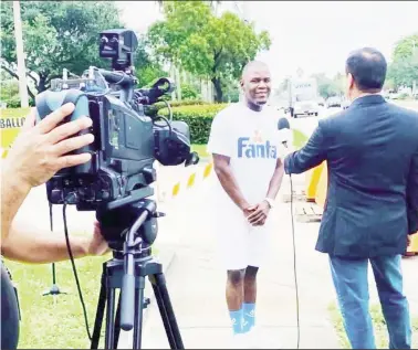  ?? ?? red in all white being interviewe­d by a media entity at the Miami Carnival in 2019