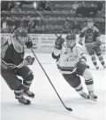  ?? [WHITNEY NEILSON / THE OBSERVER] ?? The Elmira Sugar Kings fought back from a 2-0 deficit in the second period to overcome Caledonia on Sunday afternoon. Clockwise, Zack Cameron celebrates with his line mates after Jacob Black scores, Jonathan Reinhart and Ty Biles keep the puck out of...