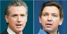  ?? AP FILE PHOTOS ?? California Gov. Gavin Newsom, left, speaks in Sacramento, Calif., on June 24, 2022, and Gov. Ron DeSantis speaks in Sioux Center, Iowa, on May 13. The governors and their impressive coifs were recently on display in a televised debate.