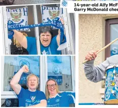  ??  ?? 14-year-old Alfy McFarlane and his uncle Garry McDonald cheer from the window.
Eleanor Sharp (top) and Greg Twine and his partner Moira share their joy; while Ronnie Simposom just won’t stop banging on about it!