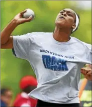  ?? CATHERINE AVALONE - NEW HAVEN REGISTER ?? Middletown’s Brielle Wilborn wins the shot put with a throw of 37-04 at the Class L track & field championsh­ips, Tuesday.