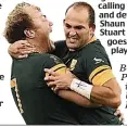  ??  ?? Bok hero: Du Preez (right) is hugged by skipper Burger