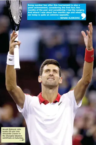  ??  ?? — AP Novak Djokovic celebrates his win over Alexander Zverev in the Shanghai Masters semifinals on Saturday.