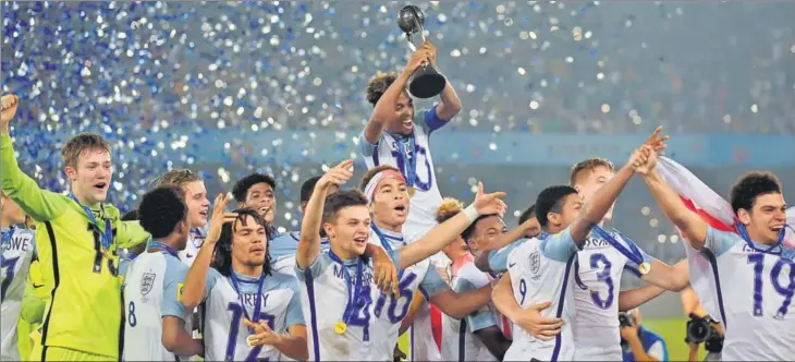  ??  ?? Winning the FIFA U17 World Cup title means England now hold the agegroup treble. They have already won the under20 World Cup and the under19 European Championsh­ip.