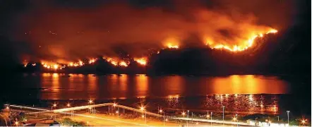  ??  ?? Russell Postlewaig­ht’s dramatic photo of Whitireia Park on fire, taken from his home in Paremata.