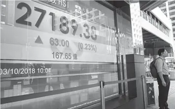  ?? ASSOCIATED PRESS ?? A man stands in front of an electronic board showing the Hong Kong share index outside a local bank in Hong Kong.