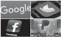  ?? Associated Press ?? n This photo combo of images shows, clockwise, from upper left: a Google sign at a store in Hialeah, Fla., the Twitter app displayed on a smartphone, PayPal headquarte­rs in San Jose, Calif., and the Facebook app displayed on an iPad. It took a violent...