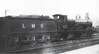  ??  ?? In April 1930 Johnson 6ft 9in 2-4-0 No 251, originally Midland Railway No 1511, stands at Skipton while displaying the second version of LMS livery that it carried. Interestin­gly, in December 1927 the ‘1P’-rated locomotive was reboilered with a G6 boiler and Belpaire firebox and appears to have received a new coat of crimson lake paint in error, as late in 1927 it was decided that this class warranted black paint with the LMS insignia on the tender. That
No 251 was not repainted probably made economic sense, as it was cheaper to re-letter No 251 rather than paint it black. Completed in March 1881 by Neilson & Co Ltd as MR class ‘1502’ – sister engines to the Derby-built ‘1400s’ but with slightly larger driving wheels – its withdrawal would not come about until April 1940, when it was running as No 20251. In their heyday these Johnson 2-4-0s were found on the principal expresses from Hellifield to Leeds.