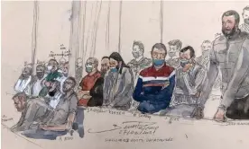  ?? Illustrati­on: Benoît Peyrucq/AFP/Getty ?? A court sketch shows Salah Abdeslam (right) standing next to the 13 other defendants at Paris's criminal court.