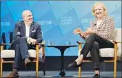  ?? Matt Winkelmeye­r Getty Images ?? QUIBI founder Jeffrey Katzenberg and CEO Meg Whitman speak in Beverly Hills in October.