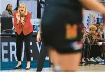  ?? ADAM BETTCHER/GETTY ?? Maryland coach Brenda Frese motivates her team against Nebraska during the semifinal round of the Big Ten Tournament on March 9 at Target Center in Minneapoli­s.