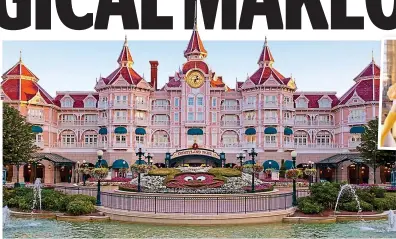  ?? ?? Pretty in pink: The fairy-tale palatial hotel. Inset, Belle and her prince delight a guest