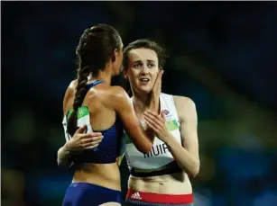  ??  ?? Muir is consoled after her seventh place in the 1,500m at Rio 2016 (Getty)