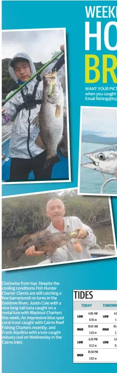  ??  ?? Clockwise from top: Despite the cooling conditions Fish Hunter Charter Clients are still catching a few barramundi on lures in the Daintree River; Justin Cole with a nice long-tail tuna caught on a metal lure with Blackout Charters this week; An...