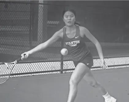  ?? CLAYTON FREEMAN/FLORIDA TIMES-UNION ?? Stanton's Katie Wong hits the ball during a girls tennis individual singles match against Ella-Jane Eddy of Episcopal on March 4.