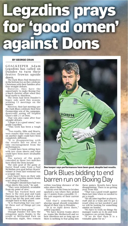  ?? ?? Dee keeper says performanc­es have been good, despite bad results.