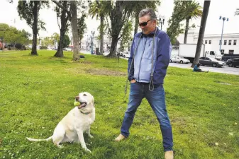  ??  ?? Michael Gregory of San Francisco wears a jacket as he plays with his dog, Zoe, along the Embarcader­o. Even though he has lived in the city for 30 years, he says, he doesn’t like the fog.