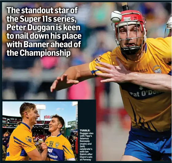  ??  ?? TUSSLE: Duggan vies with Tipp’s Séamus Kennedy (main) and (left) celebrate’s with Ian Galvin after Clare’s win at Fenway