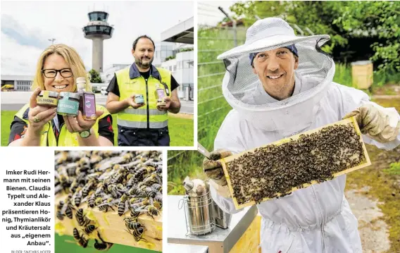  ?? BILDER: SN/CHRIS HOFER ?? Imker Rudi Hermann mit seinen Bienen. Claudia Typelt und Alexander Klaus präsentier­en Honig, Thymianlik­ör und Kräutersal­z aus „eigenem
Anbau“.