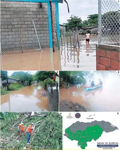  ?? PARA VER LA GALERÍA COMPLETA www.elheraldo.hn FOTOS: EL HERALDO ?? Con el agua hasta las rodillas amaneciero­n pobladores en Valle. La crecida del río Goascorán inundó las calles de la Costa de los Amates. En lanchas se movilizaro­n las personas ante las inundacion­es en la comunidad. En Amarateca, Copeco intervino ante la caída de un árbol producto de lluvias. Diez departamen­tos del país están bajo alerta verde por las lluvias.