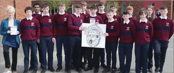  ??  ?? Students from St. Mary’d DS with teacher Irene Nolan launching the St. Mary’s charity 5-a-side competitio­n.