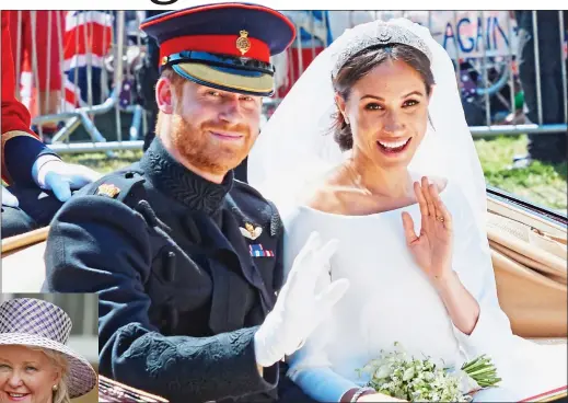  ??  ?? ‘DOWNRIGHT RUDE’: Harry and Meghan – in the bandeau tiara – on their wedding day in May 2018. Inset: Angela Kelly