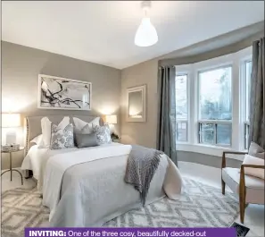  ??  ?? inviting: One of the three cosy, beautifull­y decked-out bedrooms in Meghan Markle’s ‘grey palace’