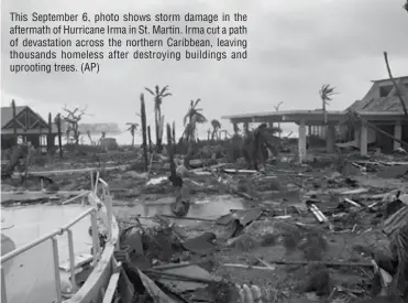  ??  ?? This September 6, photo shows storm damage in the aftermath of Hurricane Irma in St. Martin. Irma cut a path of devastatio­n across the northern Caribbean, leaving thousands homeless after destroying buildings and uprooting trees. (AP)