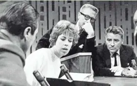  ?? AP ?? Carol Burnett and Peter Lawford search for word clues and answers under the eye of host Allen Ludden, center, on the 1960s iteration of “Password” on CBS. The show has had an occasional revival on “The Tonight Show With Jimmy Fallon.”